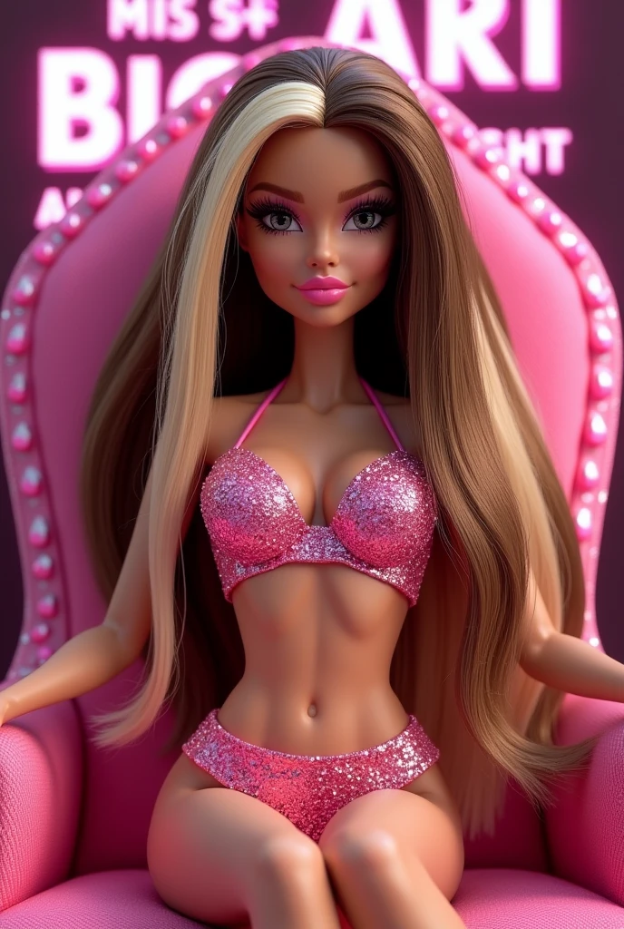 A Bratz doll with straight very brown hair and lots of long blonde streaks in the front sitting on a pink throne wearing a pink sparkly bra and pink sparkly panties, she also has make-up and behind her it says MISS ARI big and bright