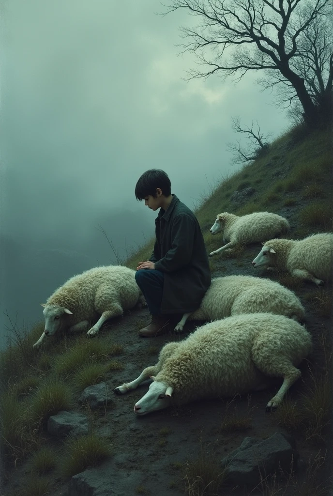 Sheeps dead boy crying beside on hill