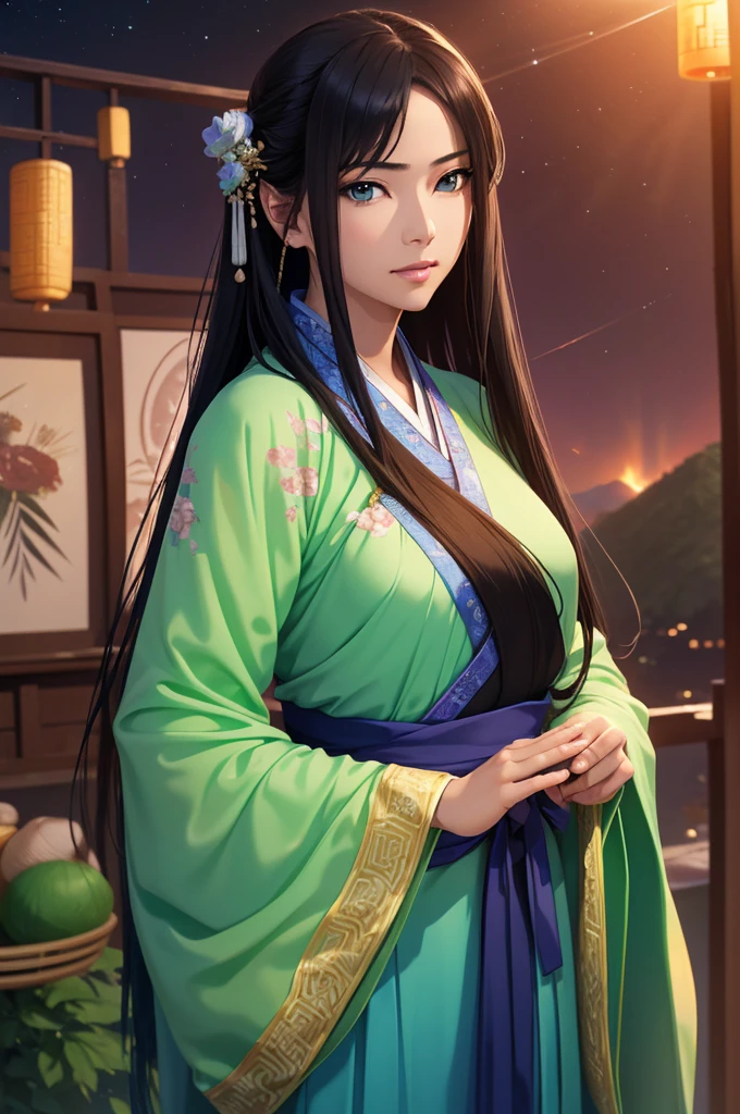 Starry sky landscape、shooting star、war (Highest quality,4K,8k,High resolution,masterpiece:1.2), Very detailed, (Realistic,Realistic,Realistic:1.3), High resolution, Hyper HD, Studio Lighting, Ultra-fine painting, Sharp focus, Physically Based Rendering, Very detailed説明, Professional, Vibrant colors, Bokeh, Sports Late Night, Ancient War Landscapes, Traditional Chinese Painting Techniques, Atmospheric lighting, Vivid color contrast, Ethereal atmosphere,Very detailed目と顔, Beautiful attention to detail, Light on the face,Hanfu 、(Hanfu: 1.1)、、(Green Eyes: 1.1)、Eyes are green、Slim figure、Small breasts、Sexy pose