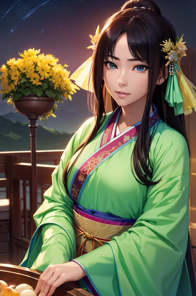 Starry sky landscape、shooting star、war (Highest quality,4K,8k,High resolution,masterpiece:1.2), Very detailed, (Realistic,Realistic,Realistic:1.3), High resolution, Hyper HD, Studio Lighting, Ultra-fine painting, Sharp focus, Physically Based Rendering, Very detailed説明, Professional, Vibrant colors, Bokeh, Sports Late Night, Ancient War Landscapes, Traditional Chinese Painting Techniques, Atmospheric lighting, Vivid color contrast, Ethereal atmosphere,Very detailed目と顔, Beautiful attention to detail, Light on the face,Hanfu 、(Hanfu: 1.1)、、(Green Eyes: 1.1)、Eyes are green、Slim figure、Small breasts、Sexy pose