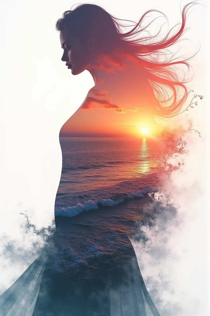 high quality, 8K Ultra HD, A beautiful double exposure that combines an goddess silhouette with sunset coast, sunset coast should serve as the underlying backdrop, with its details incorporated into the goddess , crisp lines, The background is monochrome, sharp focus, double exposure, by yukisakura, awesome full color,