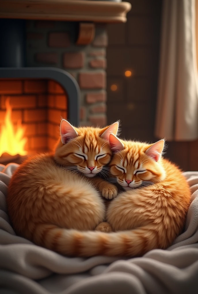 The orange realistic cats curled up together in front of a cozy fireplace inside a warm cottage during winter.