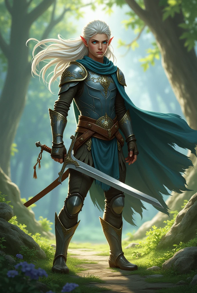 Male Elf Warrior, blue eyes and white hair; young looking. full body with a sword in hand
