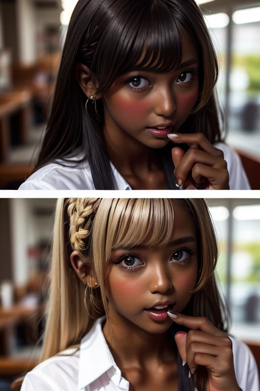 one girl, (((Open your mouth)))、Put your hand over your mouth、Beautiful breasts、 Brown eyes, ((Gal Hairstyles)) blonde, girl, (Eye and facial details:1.0), break, (masterpiece, Highest quality, Very detailed, Detailed face, 8k),( dark skin:1.95 )