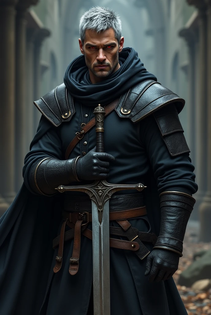 Short grey hair、Red Eyes、A fearless face、Black opaque clothing with leather hood、Wearing gloves、Holding a medieval sword、One caucasican male Swordsman、36 year、combat style