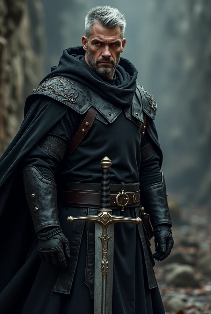 Short grey hair、Red Eyes、A fearless face、Black opaque clothing with leather hood、Wearing gloves、Holding a medieval sword、One caucasican male Swordsman、36 year、combat style