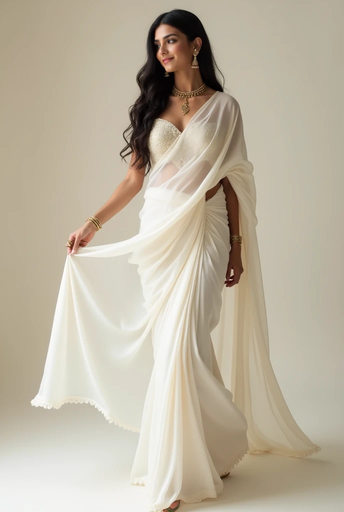 Indian woman in white saree like lahanga in textile ad. Without background 