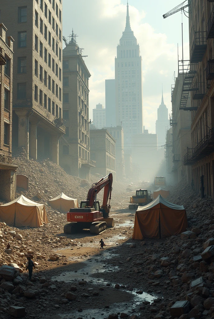An image showing the ruins of buildings in a city that was destroyed by an earthquake., with many excavators and evacuation tents standing due to the earthquake. 