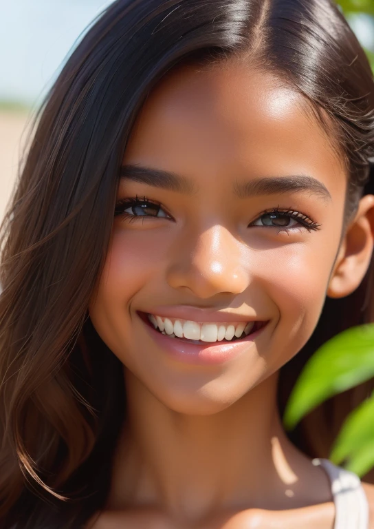 (portrait, editorial photograph) (beautiful black girl), adorable face, long brown curly hair, hazel eyes, by lee jeffries, nikon d850, film stock photograph ,4 kodak portra 400 ,camera f1.6 lens ,rich colors ,hyper realistic ,lifelike texture, dramatic lighting, (highly detailed face:1.4), perfect eyes, realistic iris, perfect teeth, (smile:0.7), (background dark, shadow of the leaves, moody, cleavage), sun rising, early morning light, Wishing for something, masterpiece, best quality, photorealistic, Citizen of Guinea-Bissau, very cute super model, perfect anatomy, skinny, ((1 girl)), (colorful reflections in the eye), (nudist), (smiling, white teeth), small nipples