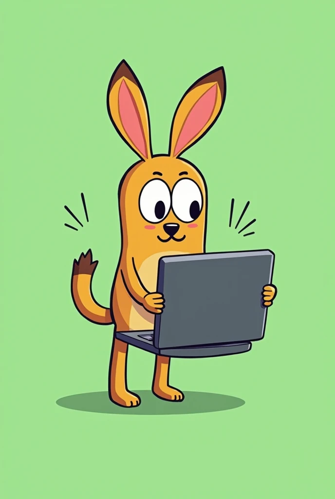 Maveli is armature holding a computer in cartoon form with a plain green background
