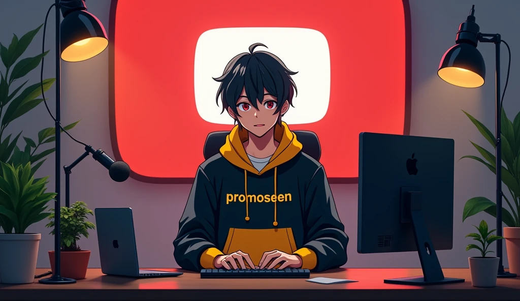 Create a image of "A 23 years anime boy, sitting in front of a computer desk with a microphone and laptop, wearing black and YALLOW hoodie with the Channel Name on it "PROMOSEEN".The background includes a large YouTube logo on the wall, potted plants on either side, and various recording equipment.eye contact on camera.