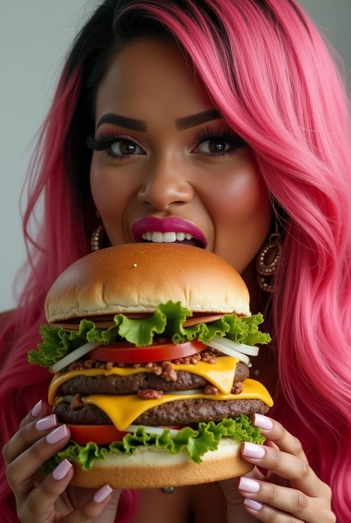 Nicki Minaj eating a big loaded hamburger