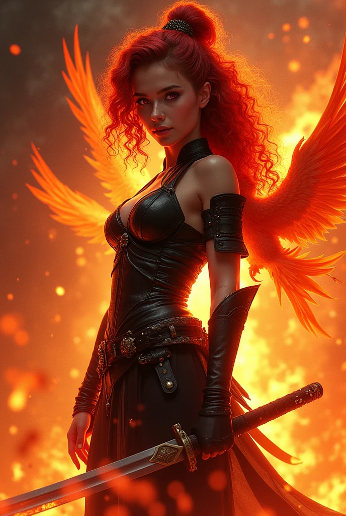 ager woman with curly red hair and red eyes with curvy waist and big thighs and big butt wearing sexy black samurai armor surrounded by red fire with fire phoenix around 