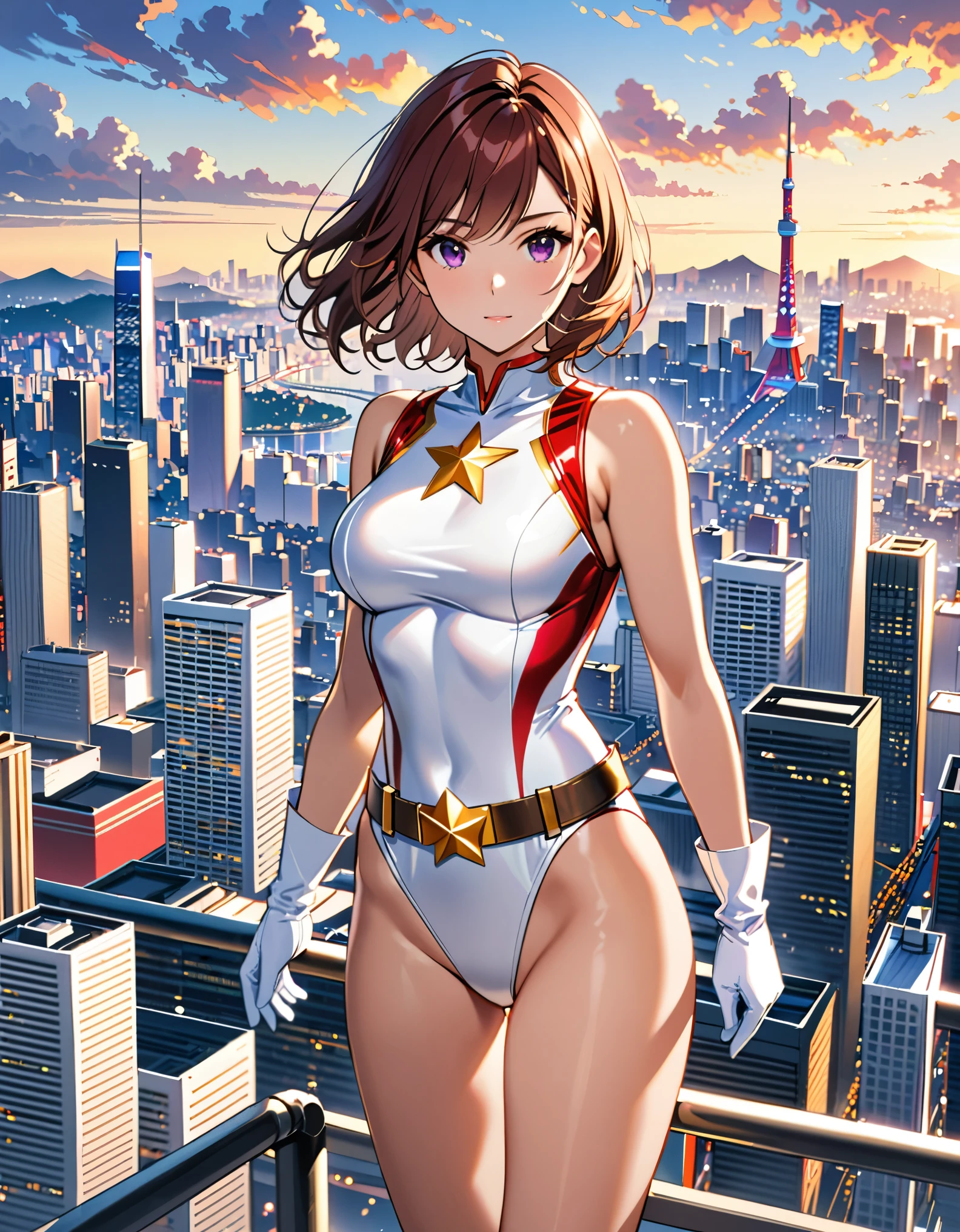 (masterpiece), (best quality), (high res), medium breasts, ((leotard, white and red leotard, matching leotard, sleeveless, bare legs)), ((tight belt, gold belt)), ((boots, matching boots, ankle-high boots, white boots)), ((gloves, white gloves)), city backdrop, tokyo city backdrop, solo, solo focus, standing, (full body), cowboy shot, superhero, ((beautiful detailed eyes)), ((gold star symbol on chest)), (brown hair, medium hair, bob hair, purple eyes), (perfect hands, perfect anatomy), cowboy shot, superhero, ((beautiful detailed eyes)), full body costume design.