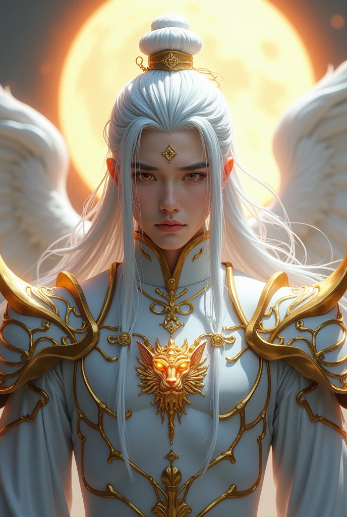 Handsome young xianxia protagonist,man,guy,long silver hair, golden amber eyes combination ,eyes focus detailed((no noice)),(((no noice))),and long silver hair with white undertone,and the golden rune motiv scratched on his forehead((no noice)),use armour featuring like pattern on furr of white Tiger chinese with white dominant color,pauldron protective shape like dragon head,breastplate featuring like white Tiger,breastplate detailed white Tiger shape,shoulder protective dragon shape like white Tiger,sun and moon background, white dominant color,white dominant color, white dominant color armour,with majestic silver line , ((no noice))And majestic golden wings at back,wings at back,terrifying aura around,24K ultra hd,face and eyes detail,lips and face detail,masterpiece ,better quality,ultraa realistic face((no noice)),good face proportion,eyes detailed,((perfect face)),perfect eyes ,perfect lips proportion((balance lips)),perfect face proportion,((balance proportion of face)),((balance and perfect left and right eyes proportion)),((masterpiece))