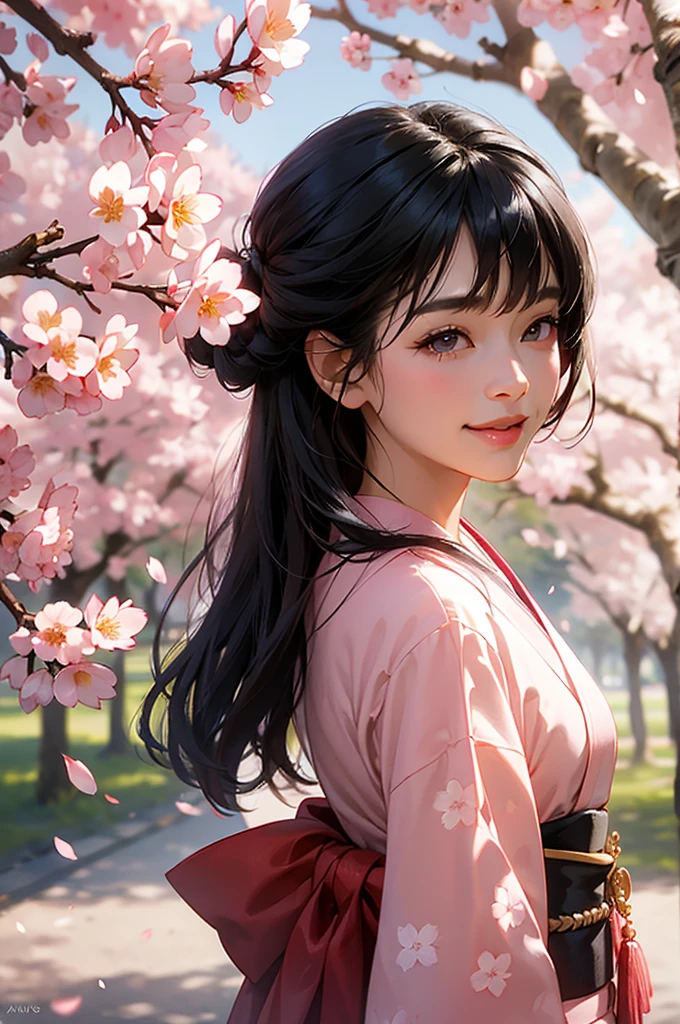 A bust-up of a beautiful woman with black hair and pink kimono smiling quietly under a row of cherry blossom trees with cherry blossom petals falling