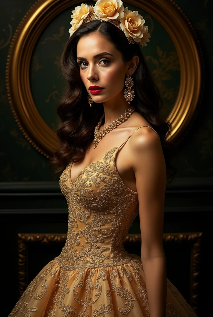 The image is a portrait of a woman wearing a black and gold dress with intricate gold embroidery and embellishments. The dress has a deep V-neckline and a plunging neckline. The bodice of the dress is fitted and flares out at the bottom, creating a dramatic silhouette. The woman's hair is styled in loose curls and she is wearing a large gold flower headpiece on her head. She is also wearing large gold earrings and red lipstick. The background is dark and ornate, with a large circular design in the center. The overall mood of the image is dramatic and glamorous.