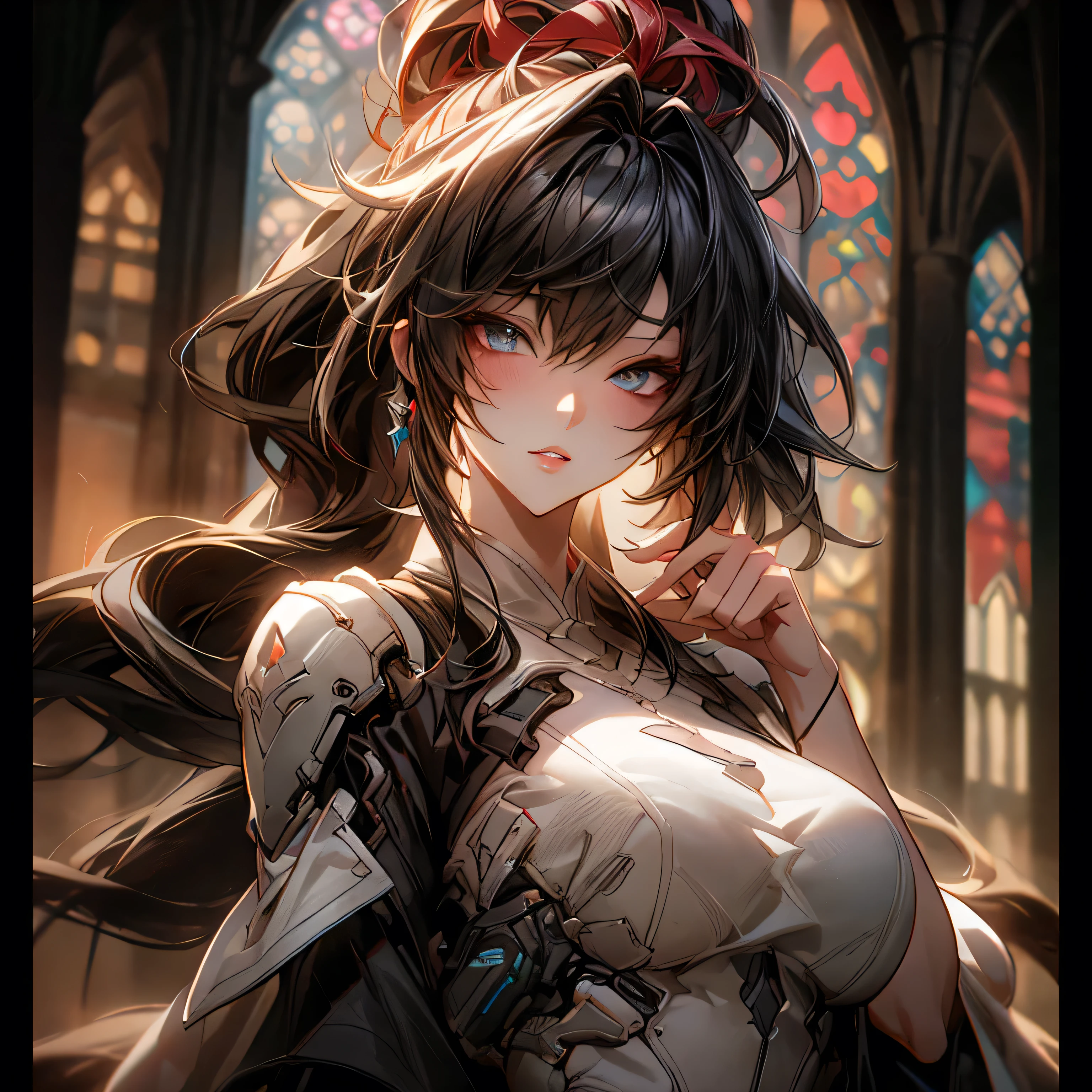 (best quality)), ((Masterpiece)), (details:1.4), 3d, HDR (high dynamic range), an image of a beautiful cyberpunk female, fantasy, medieval, Red hair, High ponytail, White eyes, จมูกโด่ง, ปากแดง, หน้าอกใหญ่, nvidia RTX, PBR surface, After processing, Anisotropic filtration,depth of field, Maximum clarity and clarity, multi-layered surface, Subsurface scattering, perfect proportions, 8K raw files, ultra detailed, Perfect proportions, volumetric lighting, soft lighting, Holy Paladin, Heavy Red Armor, glossy skin, chapel background, jewely, ต่างหู, นิ้วมือสมบูรณ์,