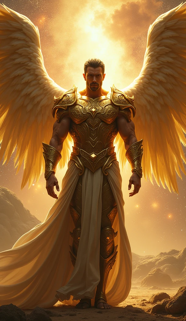 A highly detailed and realistic photograph of a majestic male figure resembling Madin from fantasy. This being is adorned with intricate golden armor, featuring elaborate designs and a shimmering finish. The figure boasts grand, ethereal wings and a powerful, regal stance. His visage is strong and commanding, with a chiseled jawline and intense gaze. The background is a dramatic, mystical landscape with a cosmic feel, including starry skies and swirling nebulas. The scene is illuminated by a dramatic light source, casting a celestial glow on the figure. The photograph captures the grandeur and divine aura of the character, blending fantasy elements with photorealistic details. The setting enhances the otherworldly atmosphere, with high-resolution, crisp details, and dynamic lighting. The mood is awe-inspiring and majestic, emphasizing the character’s divine and mythical essence.