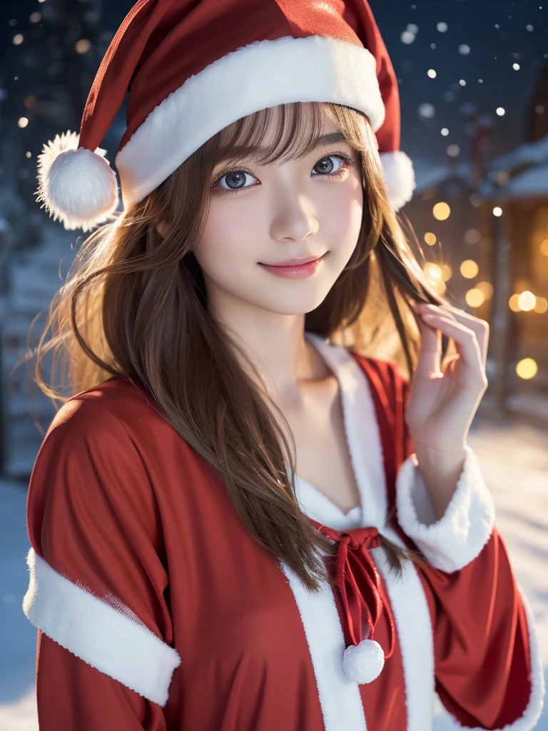 Beautiful attention to detail,Droopy eyes,Beautiful lip detail, Very detailed eyes and face, Long eyelashes, A girl of half Scandinavian and half Japanese descent, Fantasy Characters, (Santa Claus Costume:1.25),smile,short hair,Very detailed, Dramatic lighting, Luminous effect, haze, Intricate details, Volumetric lighting, Structure of the film, Ultra-realistic, 8k, Highest quality, masterpiece, Realistic,High-resolution correction,Snowy night town