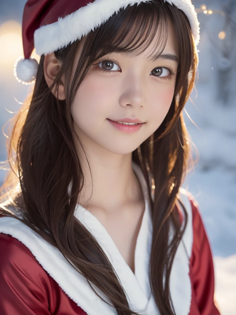 Beautiful attention to detail,Droopy eyes,Beautiful lip detail, Very detailed eyes and face, Long eyelashes, A girl of half Scandinavian and half Japanese descent, Fantasy Characters, (Santa Claus Costume:1.25),smile,short hair,Very detailed, Dramatic lighting, Luminous effect, haze, Intricate details, Volumetric lighting, Structure of the film, Ultra-realistic, 8k, Highest quality, masterpiece, Realistic,High-resolution correction,Snowy night town