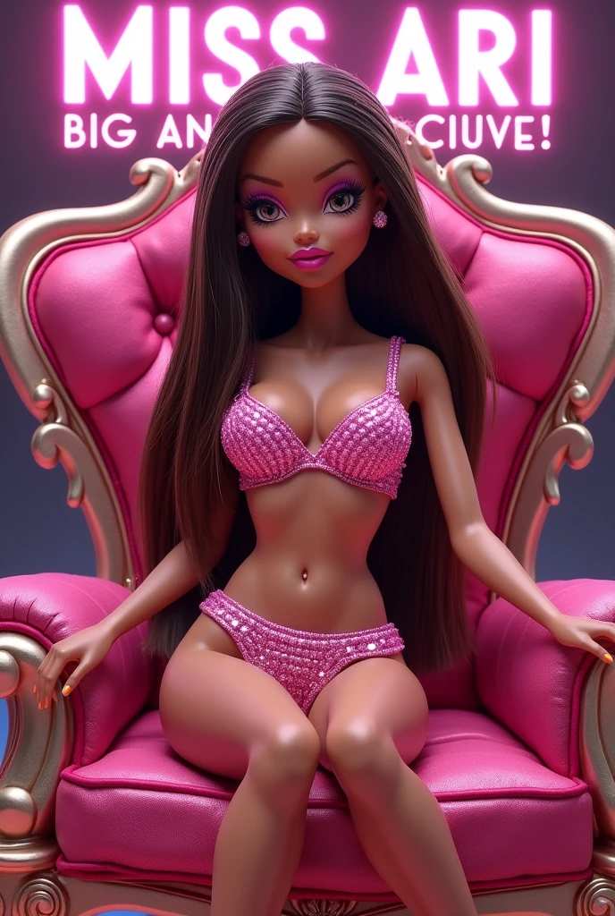 Singer Nicki Minaj brown hair color in pink lingerie on the sofa in the luxury house Painting vector art, cartoon with details.