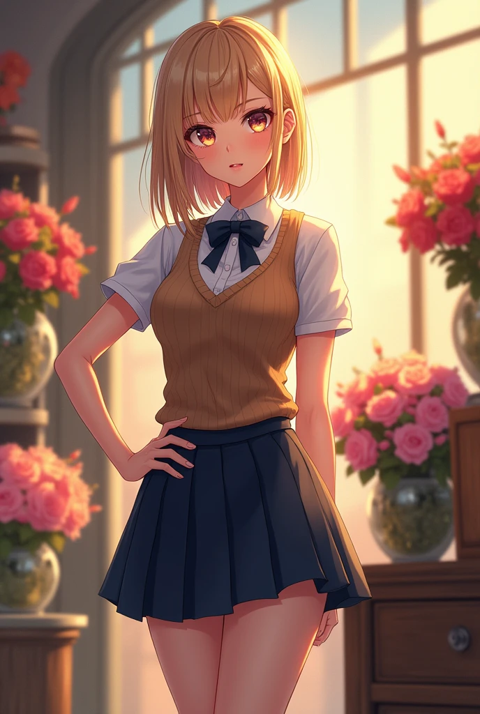 (masterpiece:1.2, highest quality), (Realistic, photoRealistic:1.4), Beautiful illustrations, (Natural Side Lighting, Cinema Lighting), Written boundary depth,
Looking at the audience, Front view, 1 girl, English, high school girl, 20-year-old, Perfect Face, Symmetrical cute face, Shiny skin, Leg spread,
(Bob Hair:1.7,blonde), Asymmetrical bangs, Big eyes, Droopy eyes, long eyelashes chest), thin,
Beautiful Hair, Beautiful Face, Beautiful and beautiful eyes, Beautiful clavicle, Beautiful body, Beautiful breasts, Beautiful thighs, Beautiful legs, Beautiful fingers,
((High-quality fabric, Brown knitted vest, Short sleeve white collar shirt, Navy Pleated Skirt, Navy bow tie)),
(Beautiful views), evening, (Inside the flower shop), Are standing, (smile, Superior, Open your mouth), (((Skirt flip, panties, Genitals are visible))), Full Body Shot, Dark blue socks, Sexy Face, Inverted nipples, ((small vibrator in panties)), wet panties,