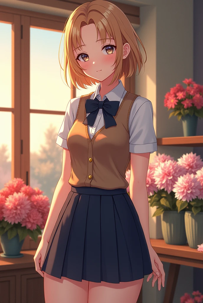 (masterpiece:1.2, highest quality), (Realistic, photoRealistic:1.4), Beautiful illustrations, (Natural Side Lighting, Cinema Lighting), Written boundary depth,
Looking at the audience, Front view, 1 girl, English, high school girl, 20-year-old, Perfect Face, Symmetrical cute face, Shiny skin, Leg spread,
(Bob Hair:1.7,blonde), Asymmetrical bangs, Big eyes, Droopy eyes, long eyelashes chest), thin,
Beautiful Hair, Beautiful Face, Beautiful and beautiful eyes, Beautiful clavicle, Beautiful body, Beautiful breasts, Beautiful thighs, Beautiful legs, Beautiful fingers,
((High-quality fabric, Brown knitted vest, Short sleeve white collar shirt, Navy Pleated Skirt, Navy bow tie)),
(Beautiful views), evening, (Inside the flower shop), Are standing, (smile, Superior, Open your mouth), (((Skirt flip, panties, Genitals are visible))), Full Body Shot, Dark blue socks, Sexy Face, Inverted nipples, ((small vibrator in panties)), wet panties,