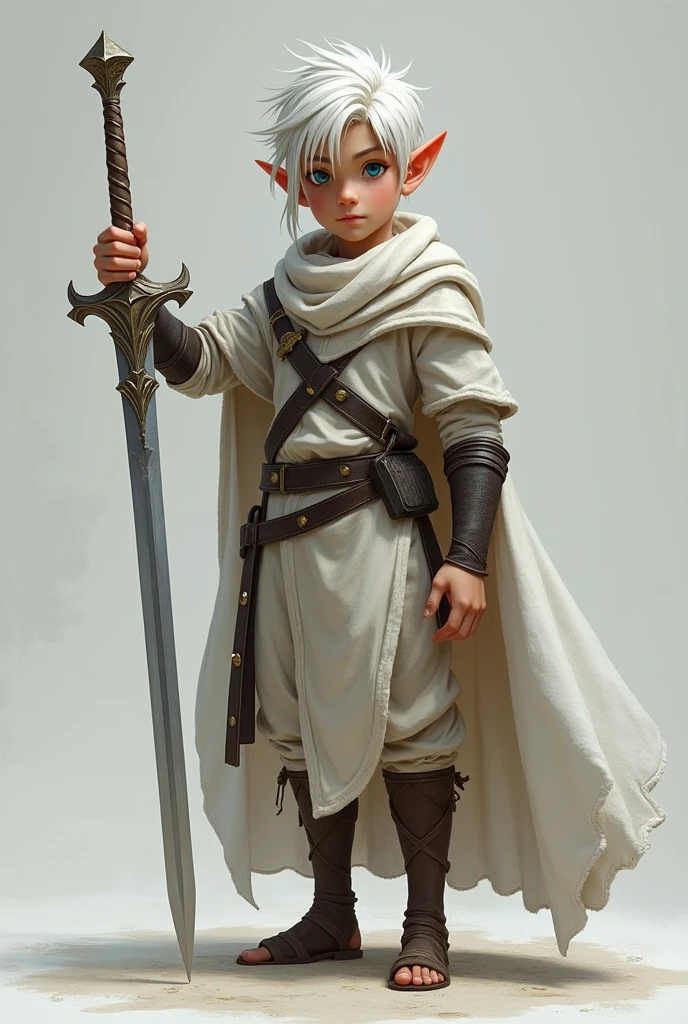Male Elf Warrior, blue eyes and white hair; young looking. full body with a sword in hand. short hair
