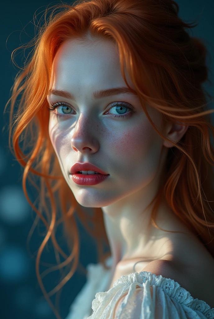 Masterpiece, Amazing redhead goddess, Starry night, detailed huge moon, moonlight filtering, Lights and shadows, Precise contrast, intense blue eyes, heavenly, clean skin, white skin, red lips, Radiosity, iridescent, Intricate, escessively real textures,  capturing all textures, full body close-up photo with a Camera: Canon EOS 5D Mark IV with 24-70mm f/2.Slow 8L lens, ISO 6400, f/2.8, shutter speed 1/125.
