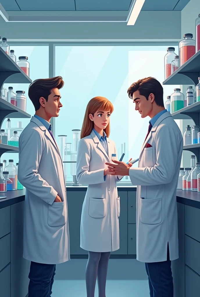 Create two people who are being audited for quality, and the auditor. Who are being audited wearing lab coats, one female and one young man and they are in the lab, the auditor is middle age woman