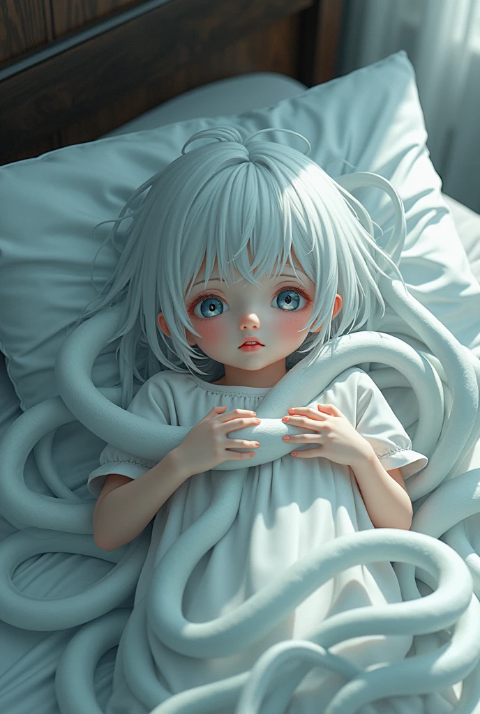 Japanese anime style，Partial realism，White-haired girl，Wear white，On the bed，Being entangled by tentacles（
