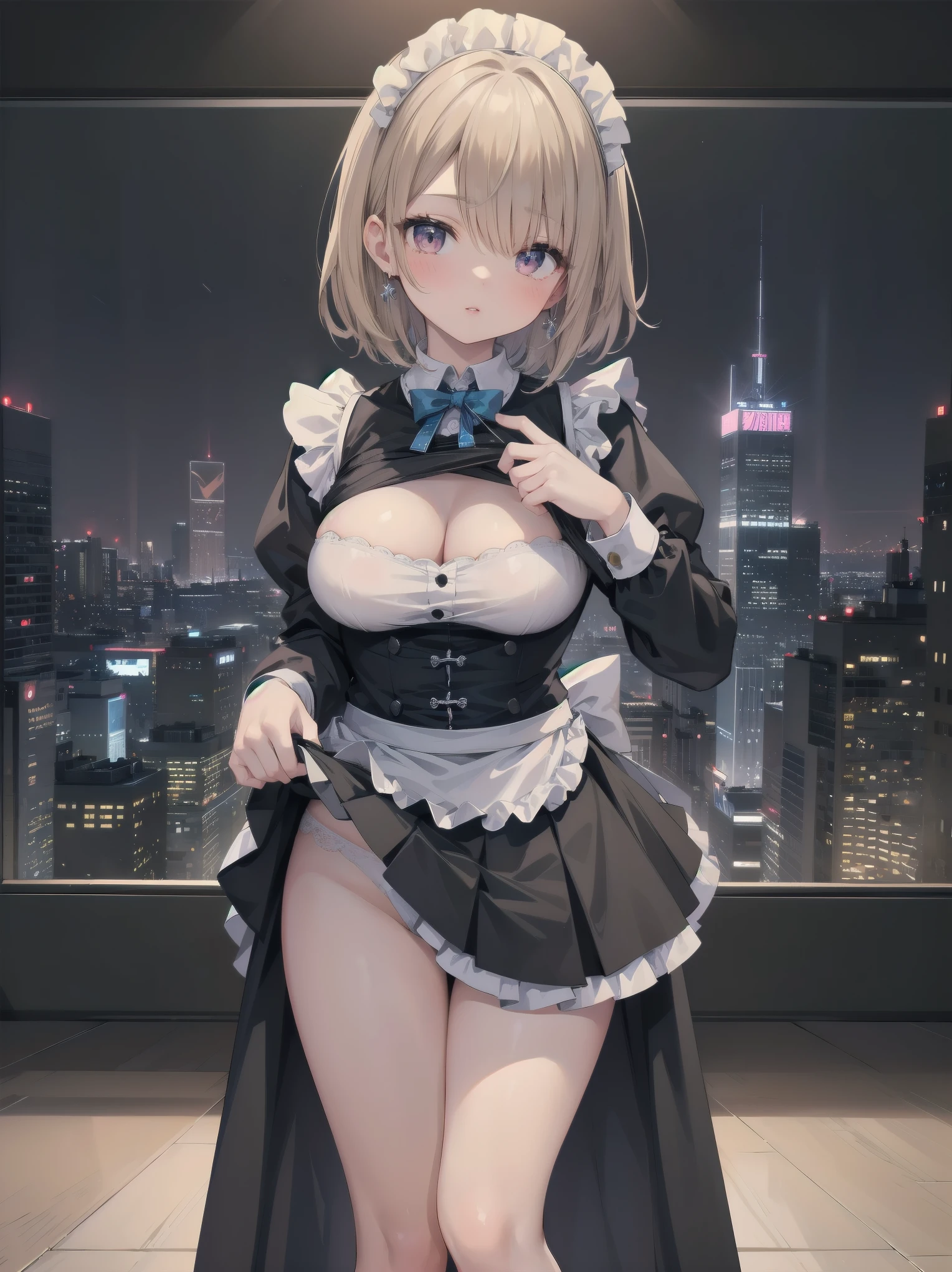 Highly detailed CG Unity 8k wallpaper, Top quality, Highly detailed, Masterpiece, Highly detailed pretty girl, , (((lifting skirt by herself))), (lifting skirt by herself)), dynamic angles, sexy pose, blush, lips apart, looking at audience, half body shot, (crowd), (crowded big city)), hair over one eye, immaculate beauty, less revealing maid outfit, classical maid fashion