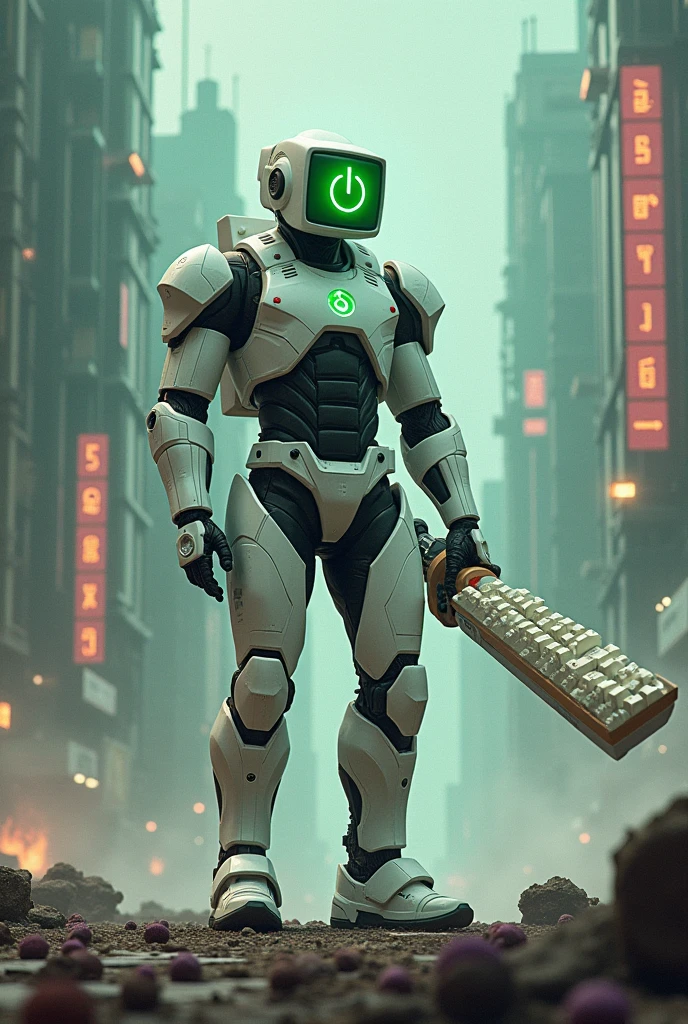 Man wear cyberpunk robocop armor suit white keyboard PC concept. Helmet like PC monitor.. Long mechanize Sword from classic white keyboard. Keyboard pad design as sword. Binoculars eyes.keyboard on chest. Big turn off button logo on chest glowing green ,. Holding keyboard sword. War background. Bombing effect background. Backpack PC keyboard. Standing on the motherboard green circuit.. city motherboard background. In digital dimensions.lot of Small Bacteriophage on ground .