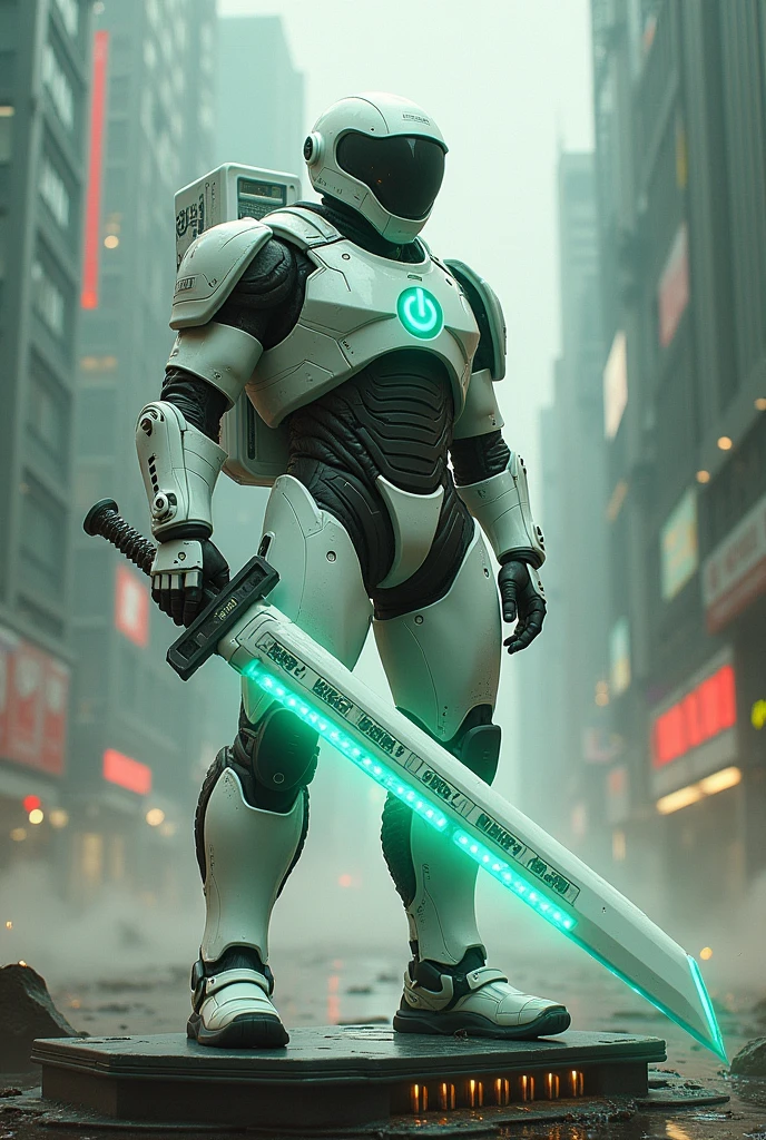 Man wear cyberpunk robocop armor suit white keyboard PC concept. Helmet like PC monitor.. Long mechanize Sword from classic white keyboard. Keyboard pad design as sword. Binoculars eyes.keyboard on chest. Big turn off button logo on chest glowing green ,. Holding keyboard sword. War background. Bombing effect background. Backpack PC keyboard. Standing on the motherboard green circuit.. city motherboard background. In digital dimensions.lot of Small Bacteriophage on ground .