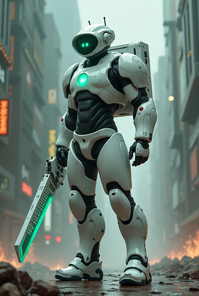 Man wear cyberpunk robocop armor suit white keyboard PC concept. Helmet like PC monitor.. Long mechanize Sword from classic white keyboard. Keyboard pad design as sword. Binoculars eyes.keyboard on chest. Big turn off button logo on chest glowing green ,. Holding keyboard sword. War background. Bombing effect background. Backpack PC keyboard. Standing on the motherboard green circuit.. city motherboard background. In digital dimensions.lot of Small Bacteriophage on ground .