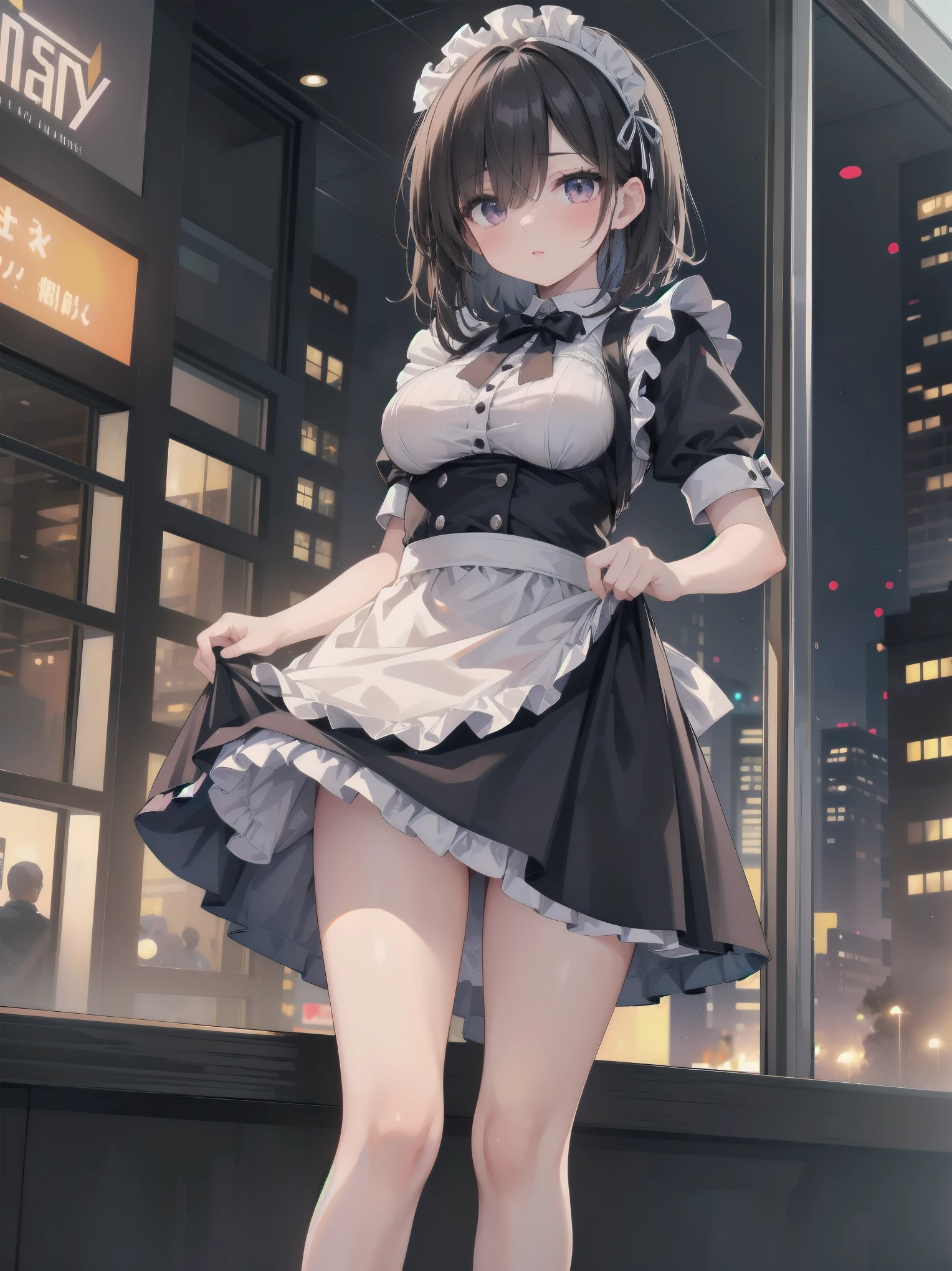 Highly detailed CG Unity 8k wallpaper, Top quality, Highly detailed, Masterpiece, Highly detailed pretty girl, , (((lifting skirt by herself))), (lifting skirt by herself)), dynamic angles, sexy pose, blush, lips apart, looking at audience, half body shot, (crowd), (crowded big city)), hair over one eye, immaculate beauty, less revealing maid outfit, classical maid fashion