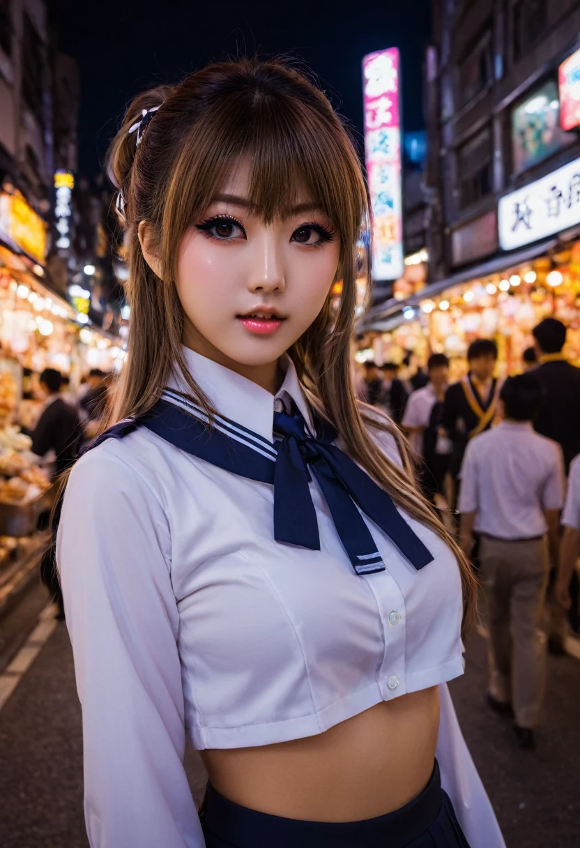 A beautiful woman in gyaru makeup wearing school uniform on the bustling streets of Gintama, surrounded by vendors, beautiful portrait of a stunning goddess girl, beautiful detailed face, porcelain skin, half body shot, centered,(black hai,navel:1.2),((moonlight,night,big neons,strong neon lighting,rim lighting,two tone lighting))),