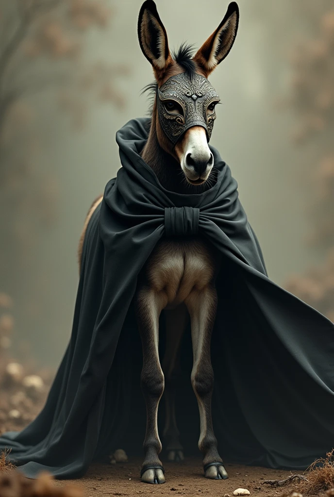 A donkey with a mask and a black cape