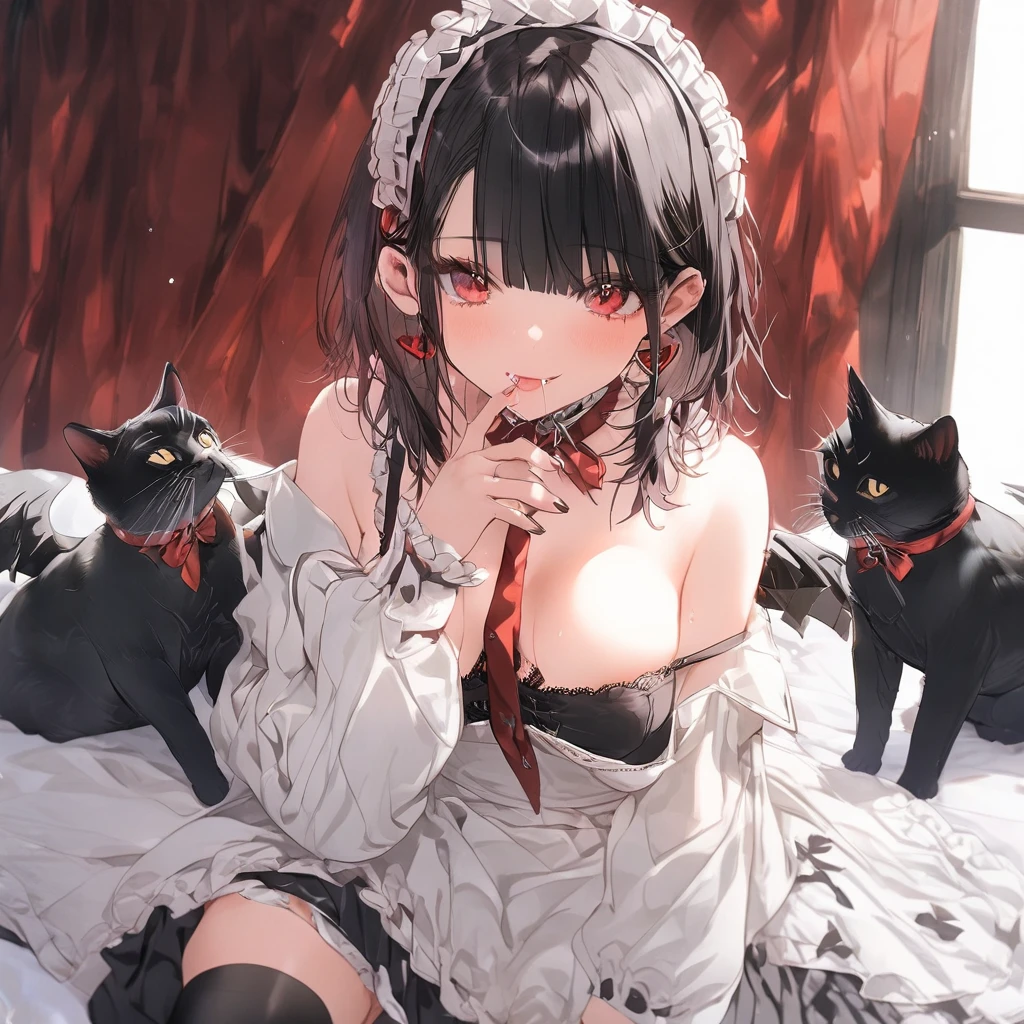 (missionary:1.3), (spread legs:1.3), (legs up:1.3)、(vaginal:1.3)、(sex:1.3)、(penis:1.3)、bedroom、nsfw、(looking down:1.3)、(cum on hair:1.3)、(cum on breast:1.3)、(cum in pussy:1.3)、(cum facial:1.3)、cum in mouth、(cum on body:1.3)、excessive cum、double handjob、fellatio、projectile cum、open mouth、embarrassed、trembling、red eyes、see through、masterpiece,best quality,beautiful face、young woman、red tie、black hair、off shoulder、exposed breasts、maid、thighhigh、blunt bangs、bob cut、busty