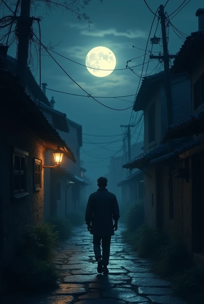 image from the front.
a man walks at night in a dark and quiet village there is only a dim lamp but his face is visible because of the bright moonlight