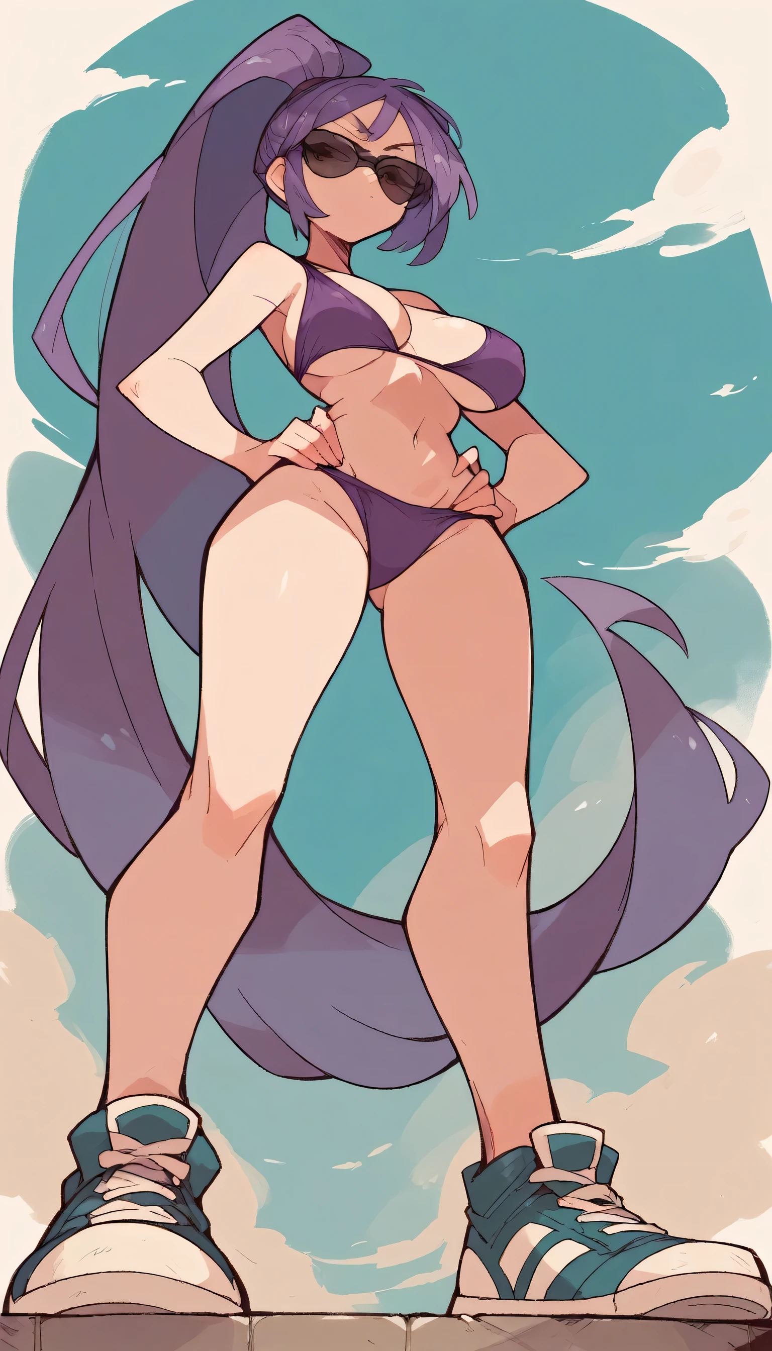 Masterpiece, best quality, Masterpiece, best quality, 1 woman, long ponytail hair, purple hair , sly face , sunglasses , purple bikini , abdomen, big breasts , Long legs , Put your hands on your hips.. , sneakers shoes , low angle shot