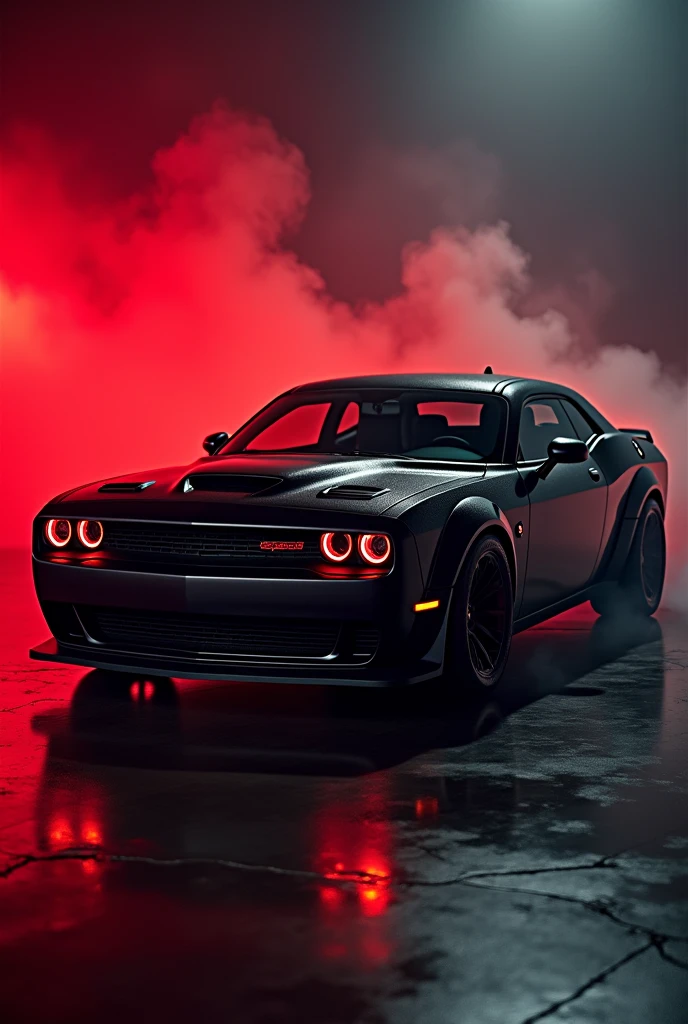 Dodge Challenger SRT hellcat red eye in black red colour with red light in the environment with and fume