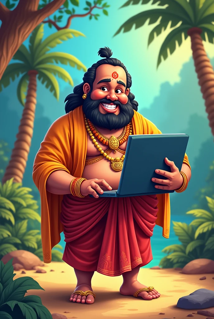 Maveli with a happy face and holding a computer in cartoon form