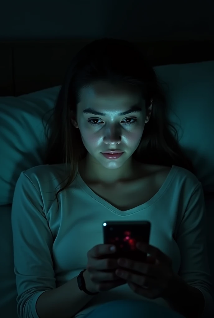 Make me a picture like a girl listening scary recording in her phone