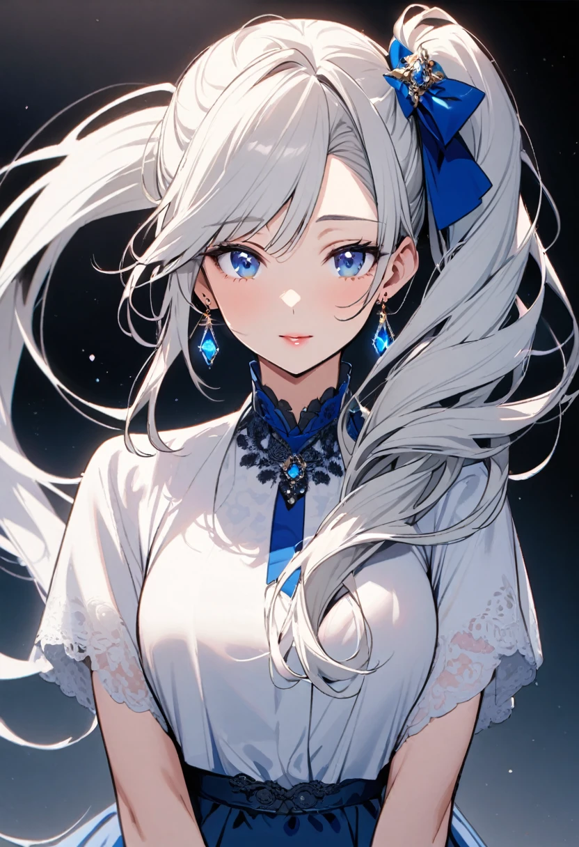 girl, mature, white hair, diamond earrings, long hair, side ponytail, blue eyes, front face, beautiful, cute