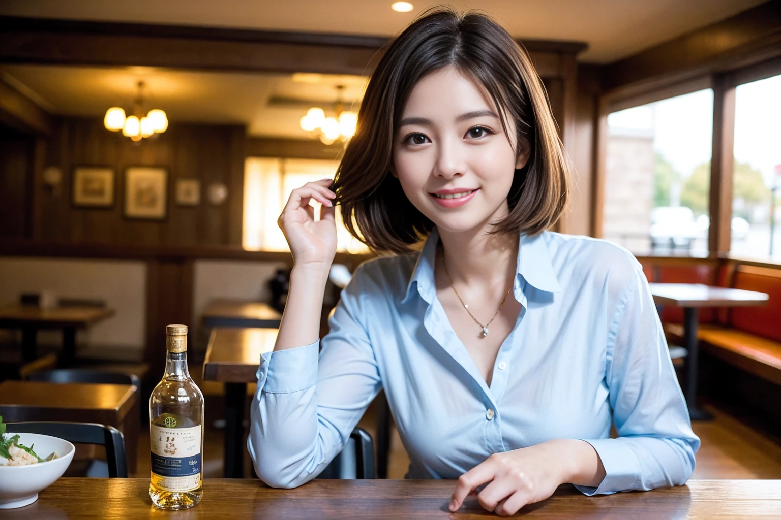 ((Highest quality、8k、masterpiece:1.3))、Whiskey bottles、whiskey、Suntory、Nikka、slimカップル、modelカップル、(Realistic, Intricate details:1.2), full-course dinner、Whiskey bottle and glass on the table、Single Malt、scotch、Rocks glass、Shot Glass、on the rocks、Scotland、Amazing view of the sunset sky and clouds、A bright smile、The wonderfulness of smile、 Beautiful Face, blue eyes, The light shines on your face, blush, short hair,Bright Face、 (Age 37), 3,Two beauties、Brown Hair、Shortcuts、Long sleeve shirt、dress、Beautiful woman 1, (slimな顔), (The body is slim), (Brown Hair), (Shortcuts), cheeks turn a little red,Attractive beauty、restaurant, In a prominent place (From the waist up) Nova Frog Style, actress, model, Upper Body, White wine, slim, smile, (smile: 1.15), Beautiful fine grain, Depth f/2,saturation, High Contrast, Strong light and shadow,Moist Body:1.5、3D texture、Delicate eyes、Brown Hair、The hair is very shiny、