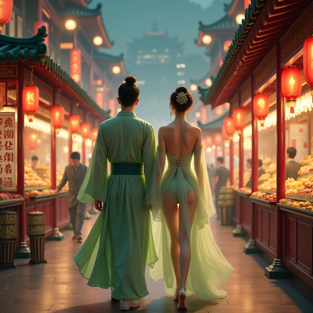 A beautiful young woman with a sweet face and a sweet smile, a full-fledged courtier in the Han and Fu dynasty, walking naked, completely naked, behind her husband in a light green dress, walking on the city streets in the night market with an angry look. The atmosphere on the streets has stalls on both sides, lit by hanging lanterns. The atmosphere in the capital area is decorated with luxurious patterns according to the era of the great dynasty, ancient Chinese style rooms.
