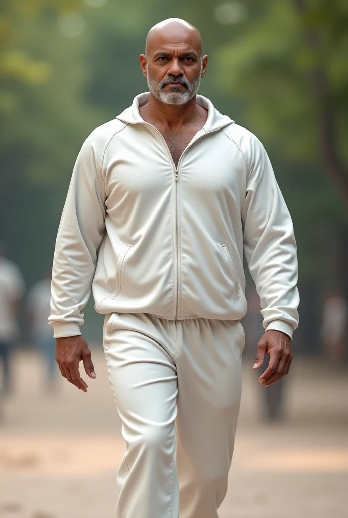 An indian origin man, 45, clean shaven, bulky, wearing a loose white track suit