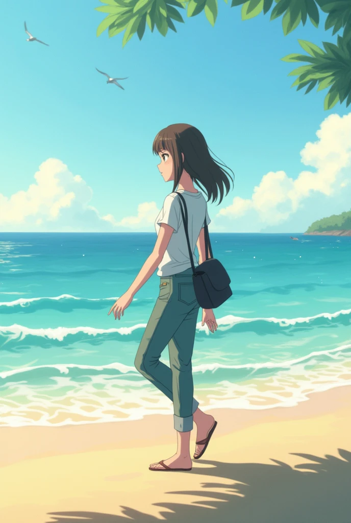  Draw a  animated scene  in landscape 
The morning light is shining on the waves of the sea. Hana, a thoughtful high school girl, is walking on the beach, listening to the sound of the waves.

 